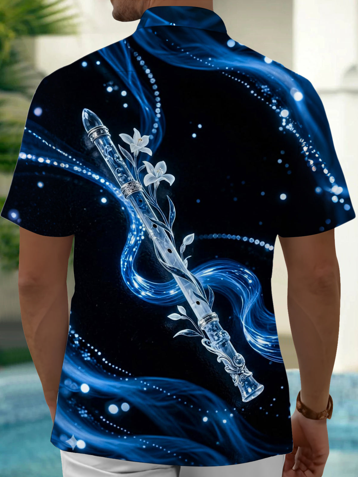 Adaychic Men's Hawaiian Crystal Flute Print Short Sleeve Shirt with Chest Pocket