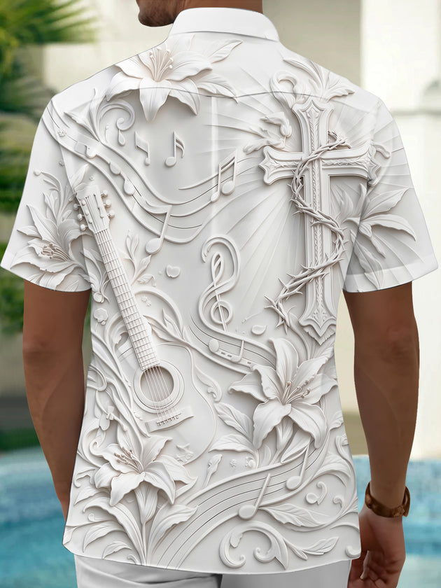 Adaychic Men's Short Sleeve Shirt - Embossed Guitar And Cross With Lily Flowers Print with Chest Pocket