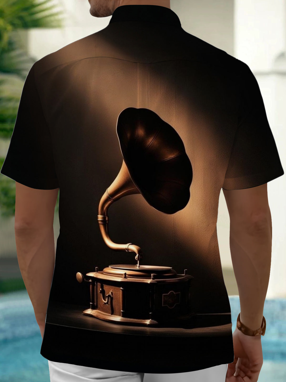 Adaychic Men's Vintage Style Vintage Gramophone Print Short Sleeve Shirt with Chest Pocket