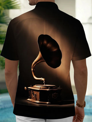 Adaychic Men's Vintage Style Vintage Gramophone Print Short Sleeve Shirt with Chest Pocket