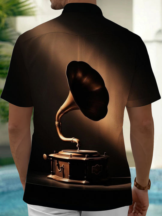 Adaychic Men's Vintage Style Vintage Gramophone Print Short Sleeve Shirt with Chest Pocket