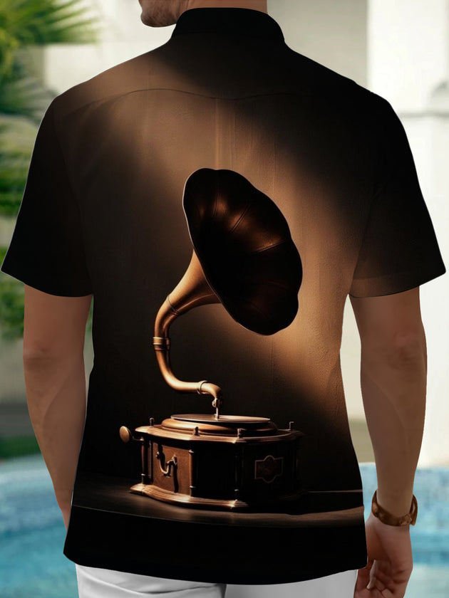 Adaychic Men's Vintage Style Vintage Gramophone Print Short Sleeve Shirt with Chest Pocket