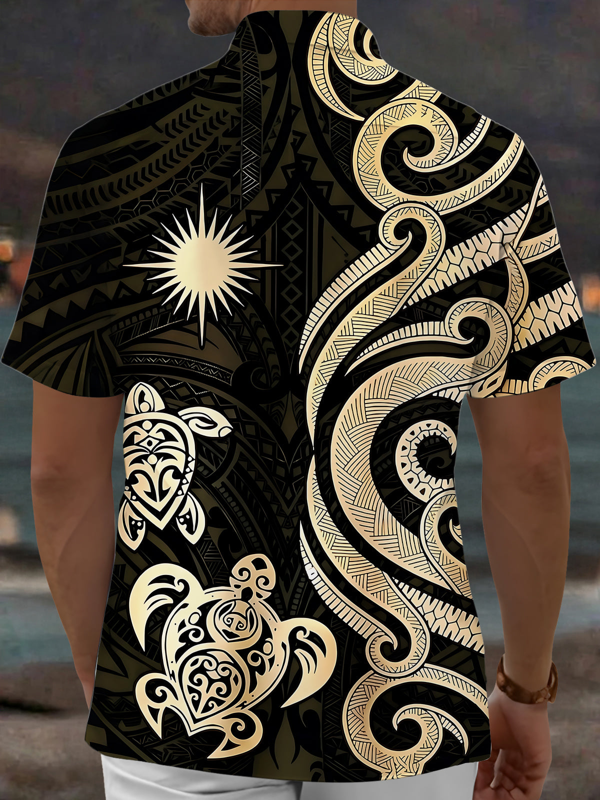 Adaychic Men's Hawaiian Tribal Turtle Print Sunburst Print Short Sleeve Shirt with Chest Pocket