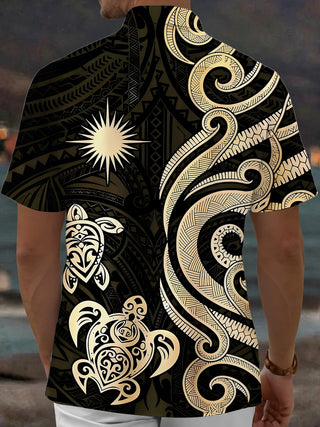 Adaychic Men's Hawaiian Tribal Turtle Print Sunburst Print Short Sleeve Shirt with Chest Pocket