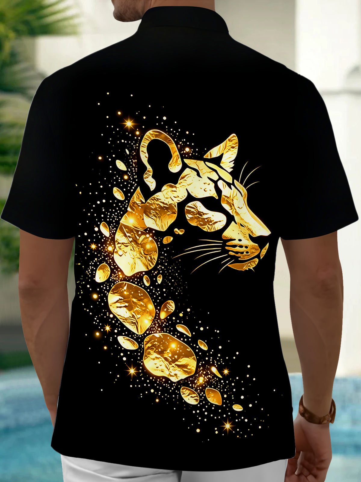 Adaychic Men's Printed Gold Leopard Head Print Short Sleeve Shirt with Chest Pocket