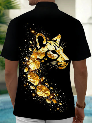 Adaychic Men's Printed Gold Leopard Head Print Short Sleeve Shirt with Chest Pocket