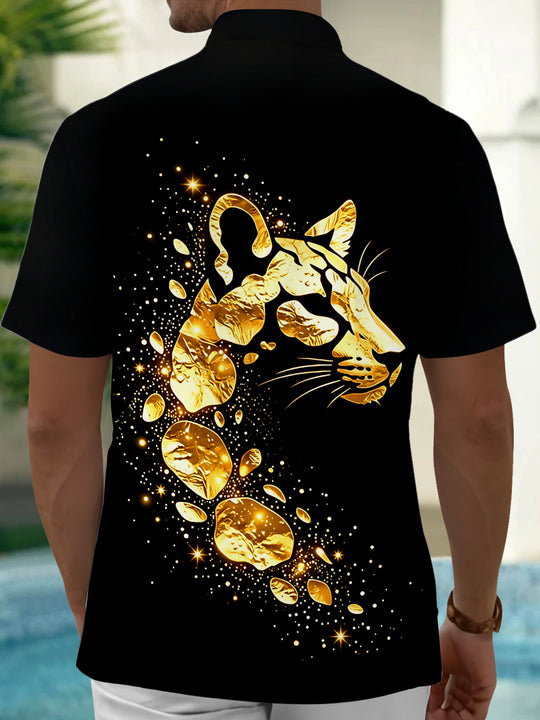 Adaychic Men's Printed Gold Leopard Head Print Short Sleeve Shirt with Chest Pocket