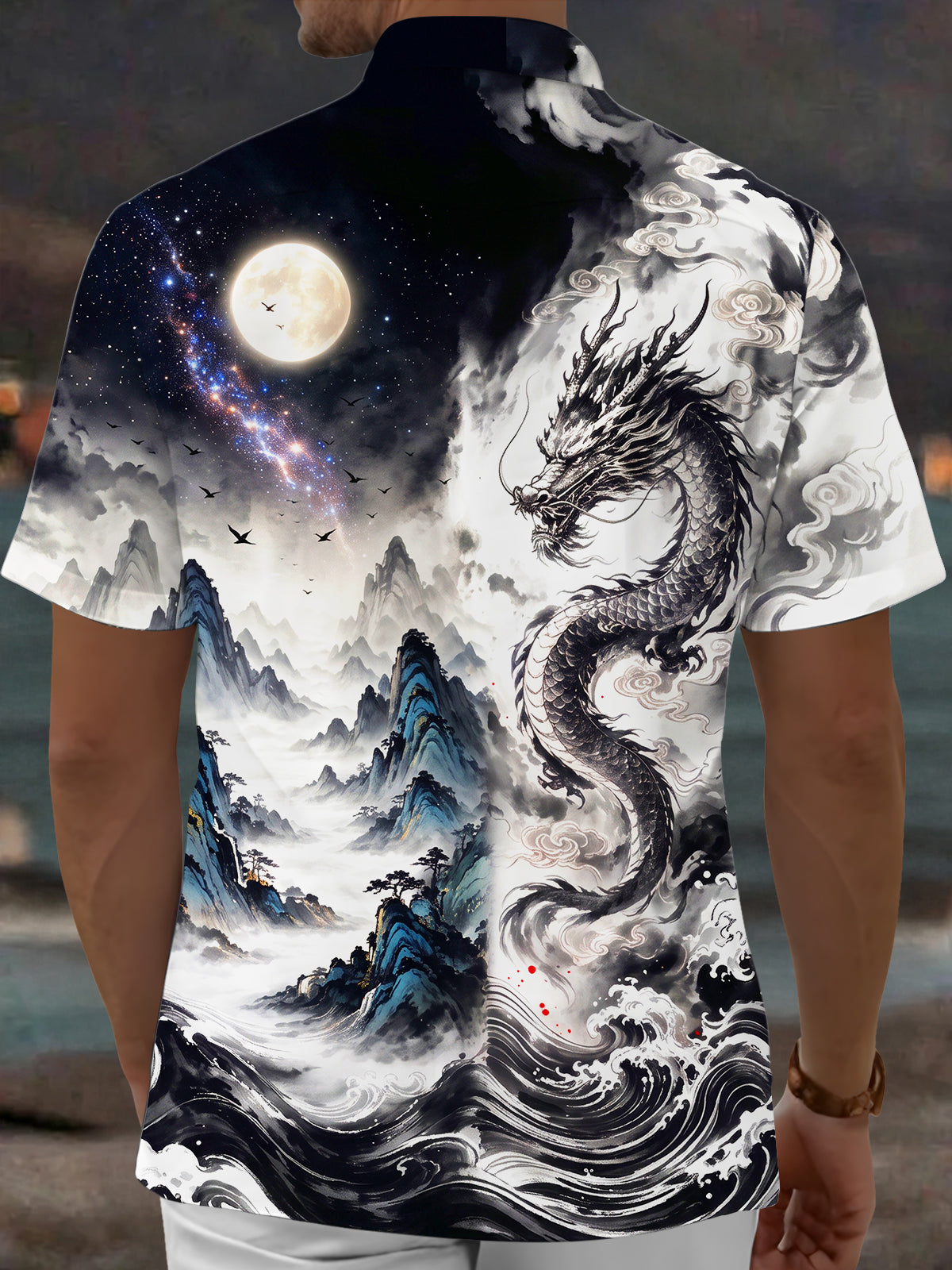 Adaychic Men's Short Sleeve Shirt - Ink Dragon And Moonlit Mountain Landscape Print with Chest Pocket