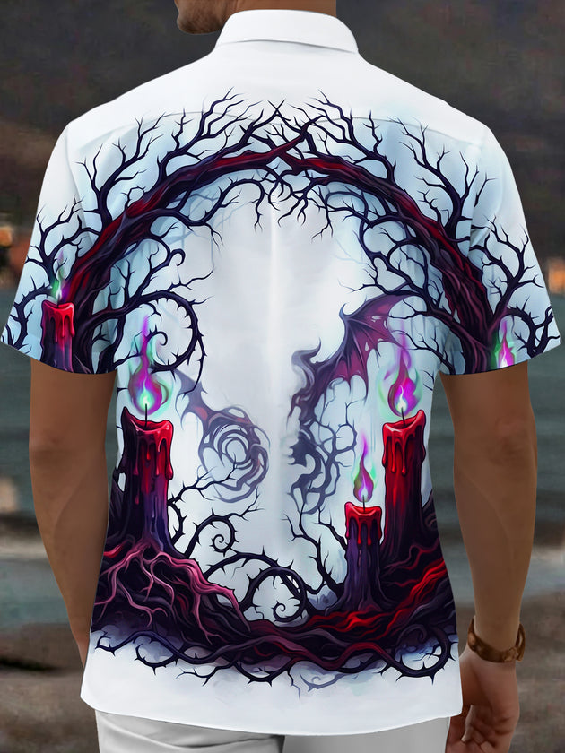 Adaychic Men's Gothic Dead Trees And Red Candles Print Short Sleeve Shirt with Chest Pocket