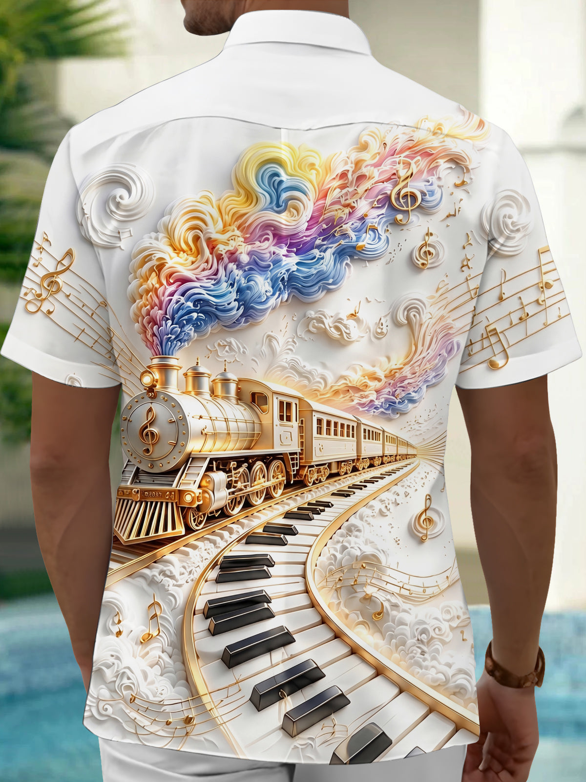 Adaychic Men's Graphic Steam Train Print Piano Keys Print Short Sleeve Shirt with Chest Pocket