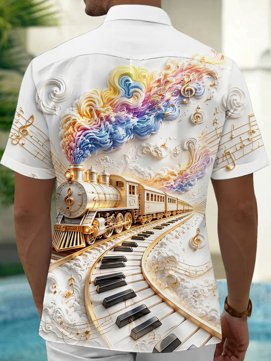 Adaychic Men's Graphic Steam Train Print Piano Keys Print Short Sleeve Shirt with Chest Pocket