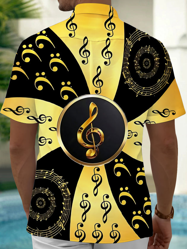 Adaychic Men's Hawaiian Musical Notes Print Short Sleeve Shirt with Chest Pocket