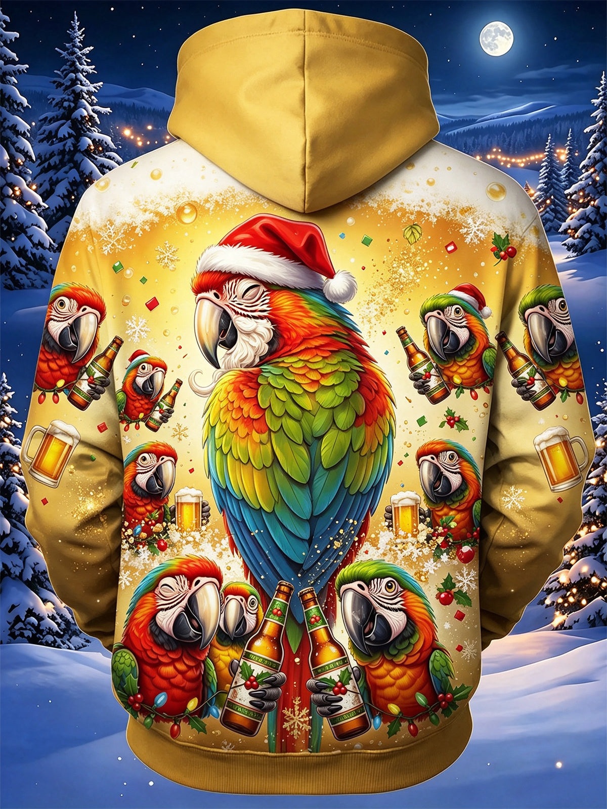 Adaychic Men's Graphic Christmas Parrot Print Long Sleeve Hoodie