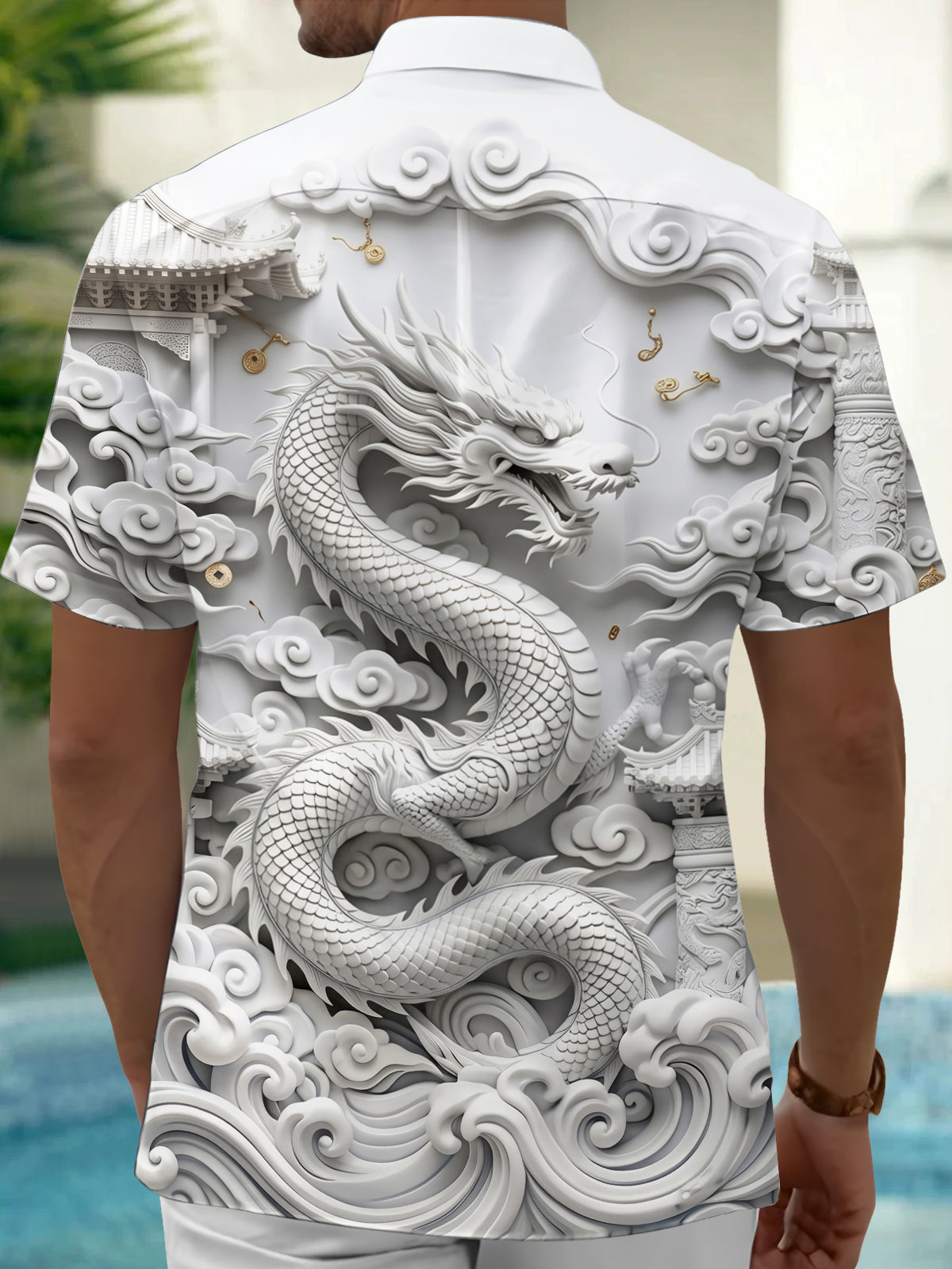 Adaychic Men's 3D 3D Dragon Print Chinese Clouds Print Short Sleeve Shirt with Chest Pocket