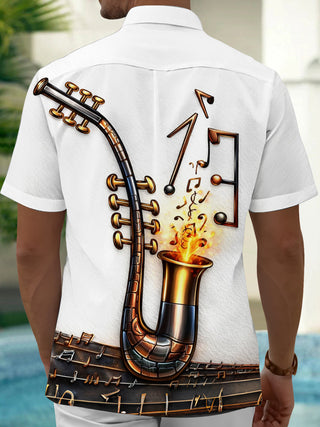 Adaychic Men's Graphic Saxophone Print Musical Notes Print Short Sleeve Shirt with Chest Pocket