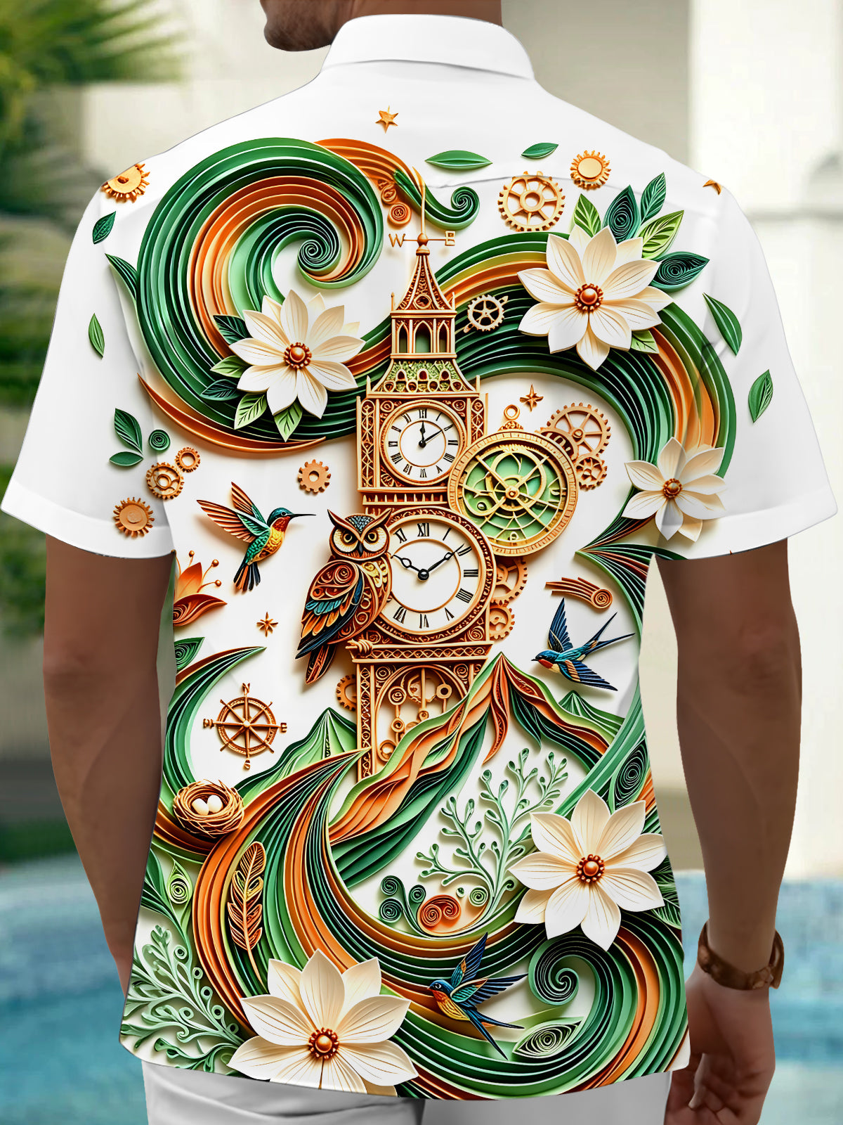 Adaychic Men's Graphic 3D Relief Clock Tower Print Short Sleeve Shirt with Chest Pocket