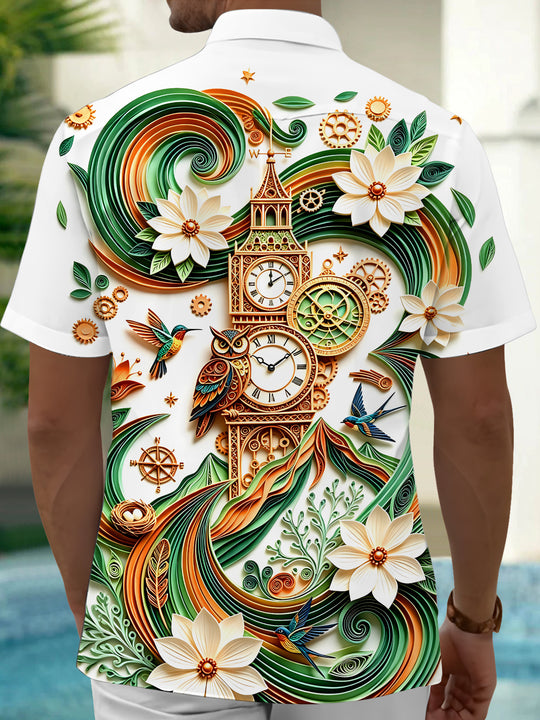Adaychic Men's Graphic 3D Relief Clock Tower Print Short Sleeve Shirt with Chest Pocket