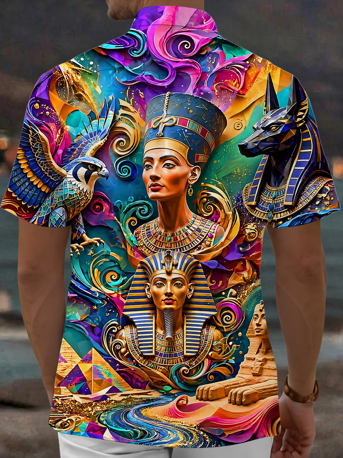 Adaychic Men's Vintage Style Ancient Egyptian Pharaoh Print Short Sleeve Shirt with Chest Pocket