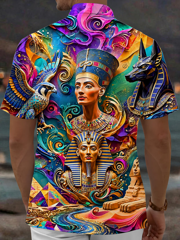 Adaychic Men's Vintage Style Ancient Egyptian Pharaoh Print Short Sleeve Shirt with Chest Pocket