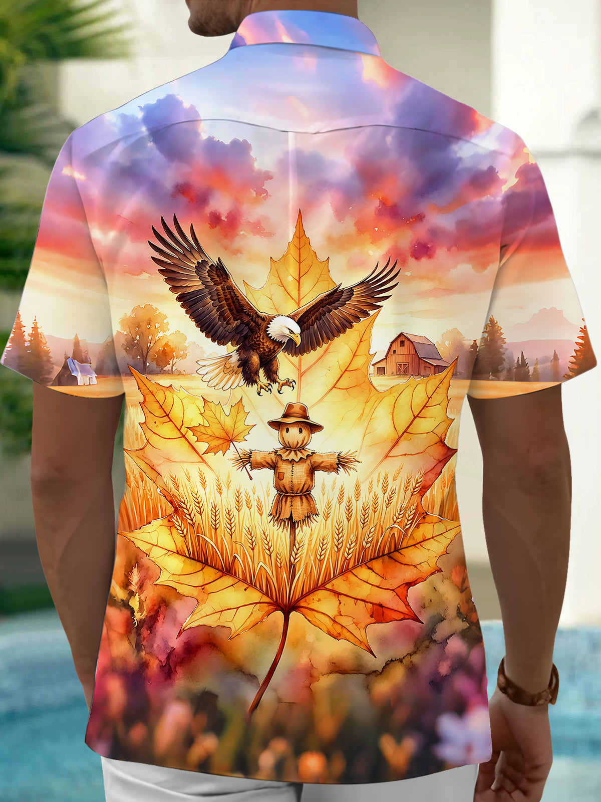 Adaychic Men's Short Sleeve Shirt - Autumn Maple Leaf With Eagle And Scarecrow Print with Chest Pocket