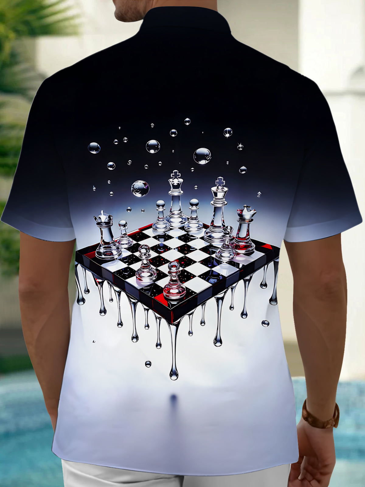 Adaychic Men's Graphic Melting Chessboard Print Short Sleeve Shirt with Chest Pocket