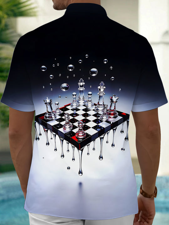 Adaychic Men's Graphic Melting Chessboard Print Short Sleeve Shirt with Chest Pocket