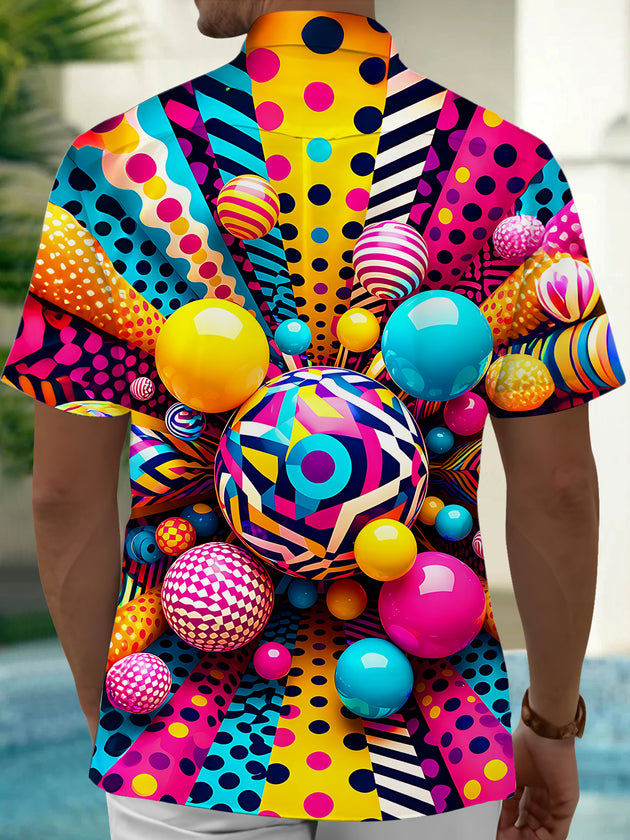 Adaychic Men's 3D Colorful 3D Geometric Spheres Print Short Sleeve Shirt with Chest Pocket