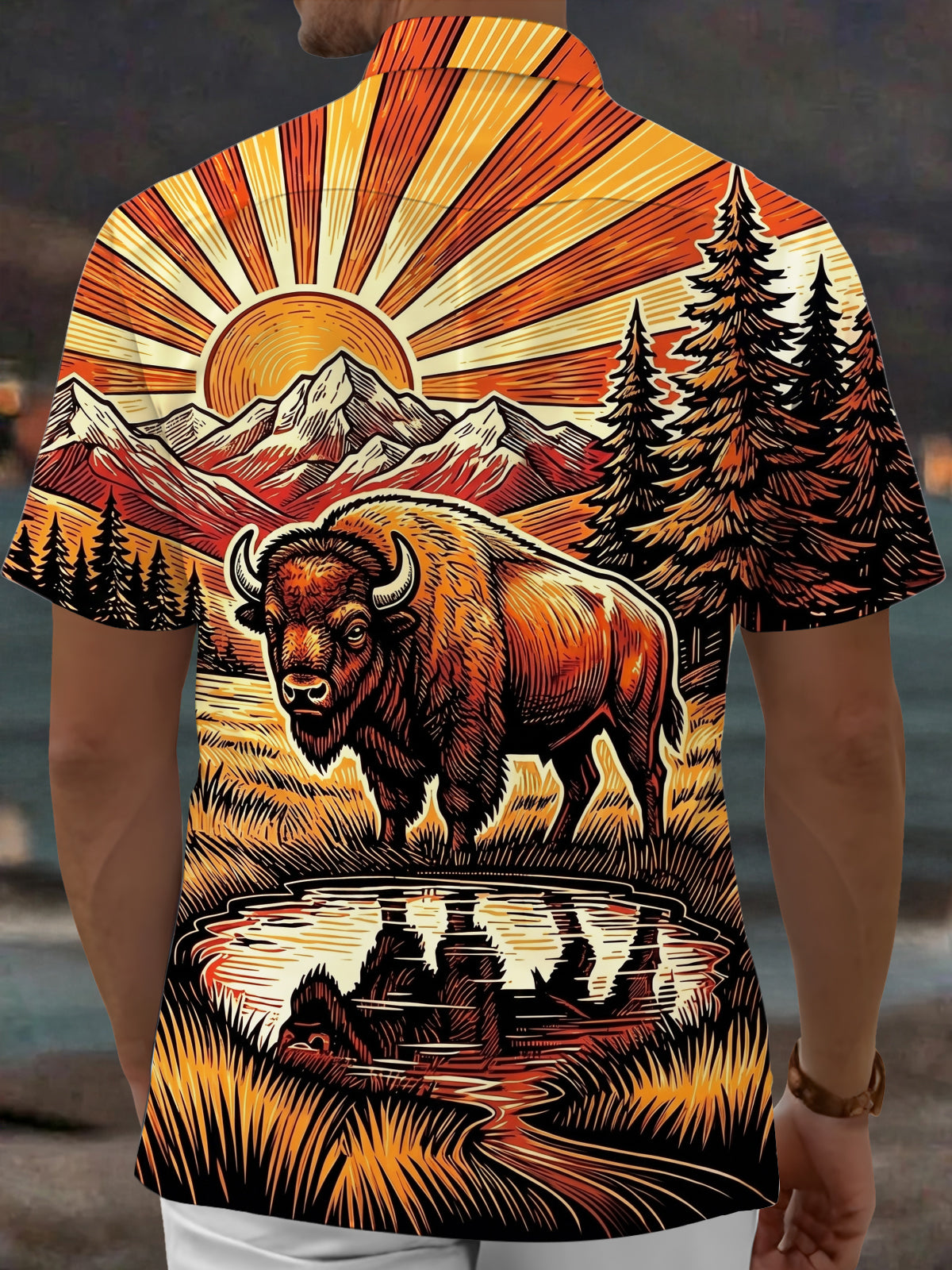 Adaychic Men's Vintage Style Bison Landscape Print Short Sleeve Shirt with Chest Pocket