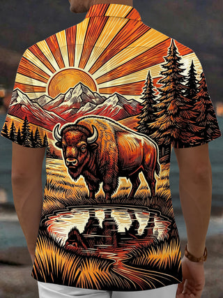 Adaychic Men's Vintage Style Bison Landscape Print Short Sleeve Shirt with Chest Pocket