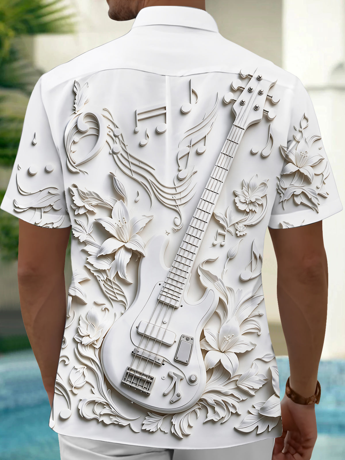 Adaychic Men's Short Sleeve Shirt - 3D Relief Bass Guitar And Floral Music Notes Print with Chest Pocket