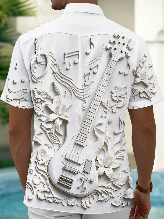 Adaychic Men's Short Sleeve Shirt - 3D Relief Bass Guitar And Floral Music Notes Print with Chest Pocket