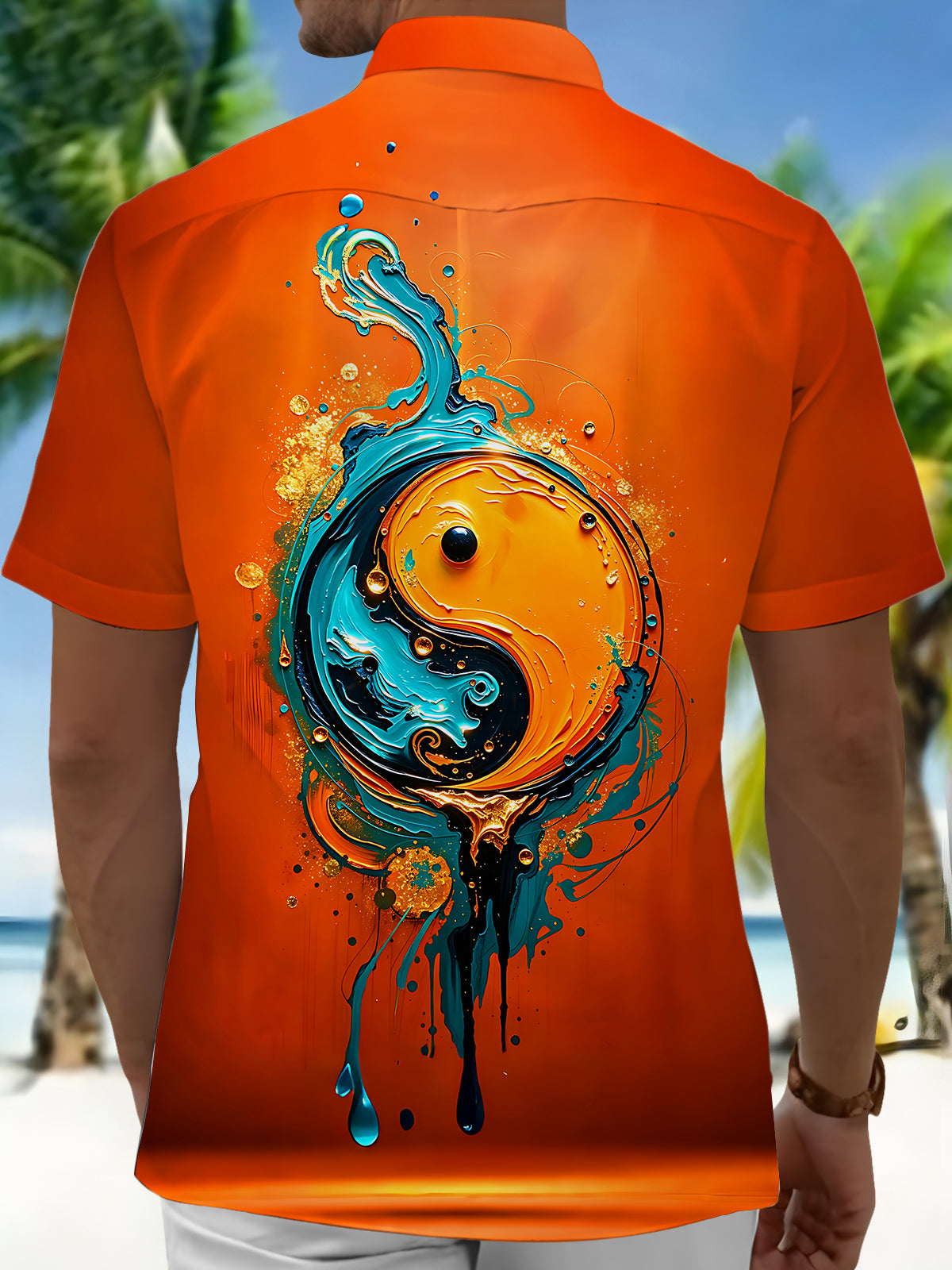 Adaychic Art Abstract Orange‑Blue Yin Yang Fluid Men's Printed Short Sleeve Shirt with Chest Pocket