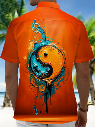 Adaychic Art Abstract Orange‑Blue Yin Yang Fluid Men's Printed Short Sleeve Shirt with Chest Pocket