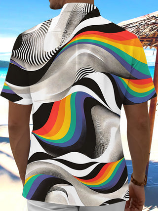 Adaychic Men's Printed Rainbow Wave Lines Print Short Sleeve Shirt with Chest Pocket
