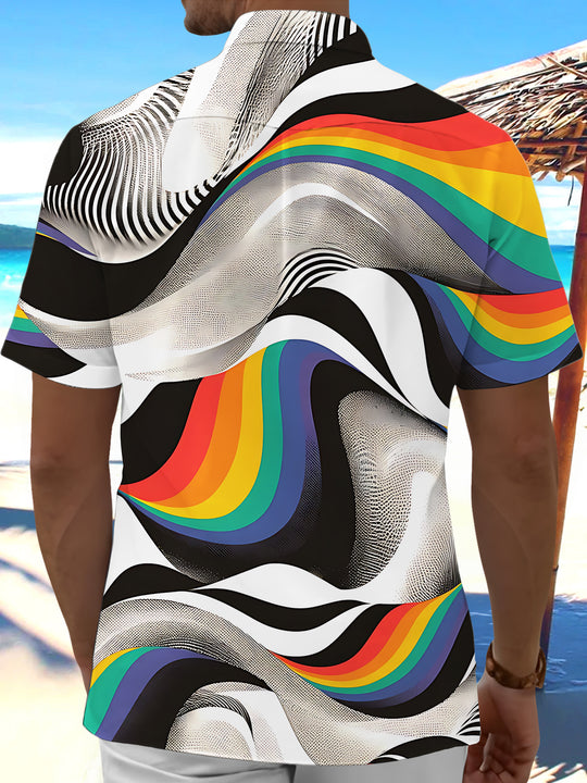 Adaychic Men's Printed Rainbow Wave Lines Print Short Sleeve Shirt with Chest Pocket