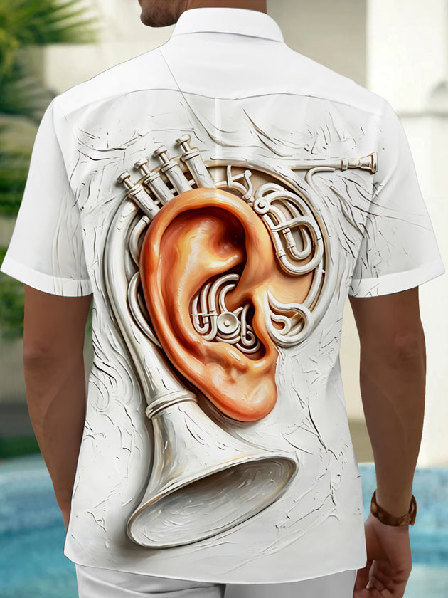 Adaychic Men's Graphic 3D Relief Ear And French Print Short Sleeve Shirt with Chest Pocket