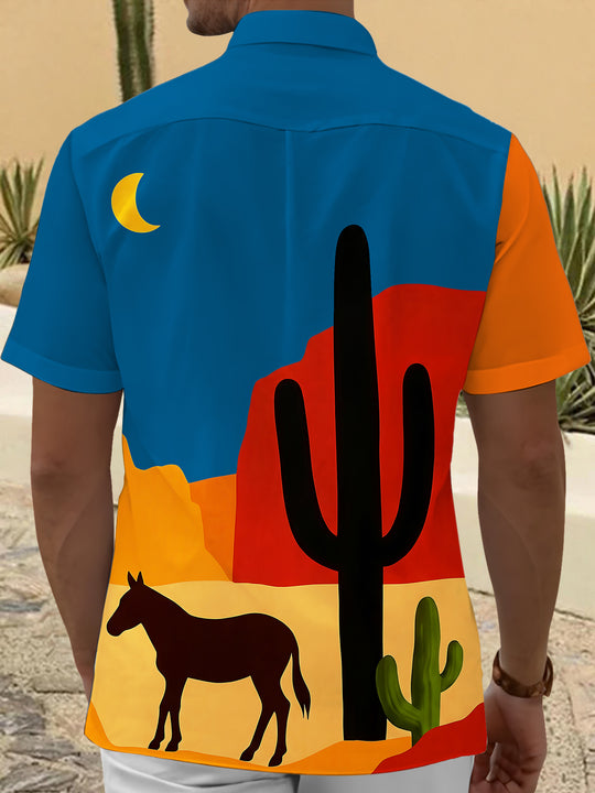 Western Cactus Horse Men's Pocket Short Sleeve Shirts