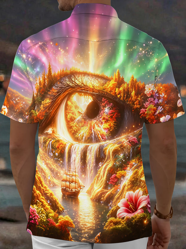 Adaychic Men's Hawaiian Fantasy Eye Landscape Print Short Sleeve Shirt with Chest Pocket