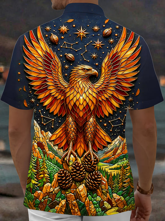 Adaychic Men's Graphic Stained Glass Eagle Print Short Sleeve Shirt with Chest Pocket