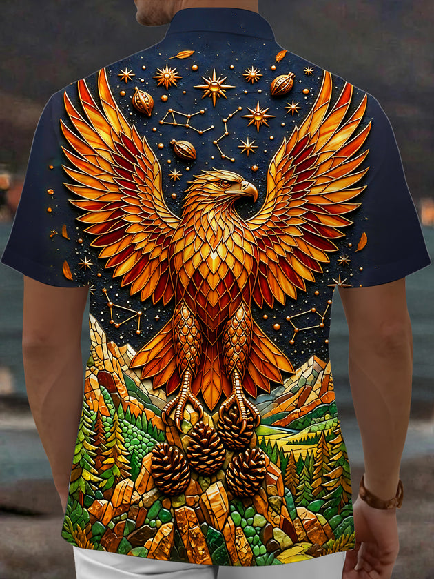 Adaychic Men's Graphic Stained Glass Eagle Print Short Sleeve Shirt with Chest Pocket