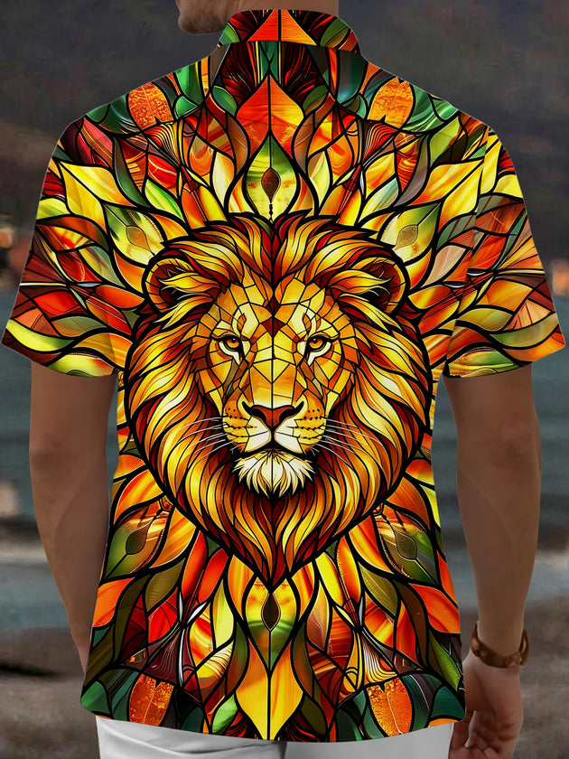 Adaychic Men's Graphic Stained Glass Lion Head Print Short Sleeve Shirt with Chest Pocket
