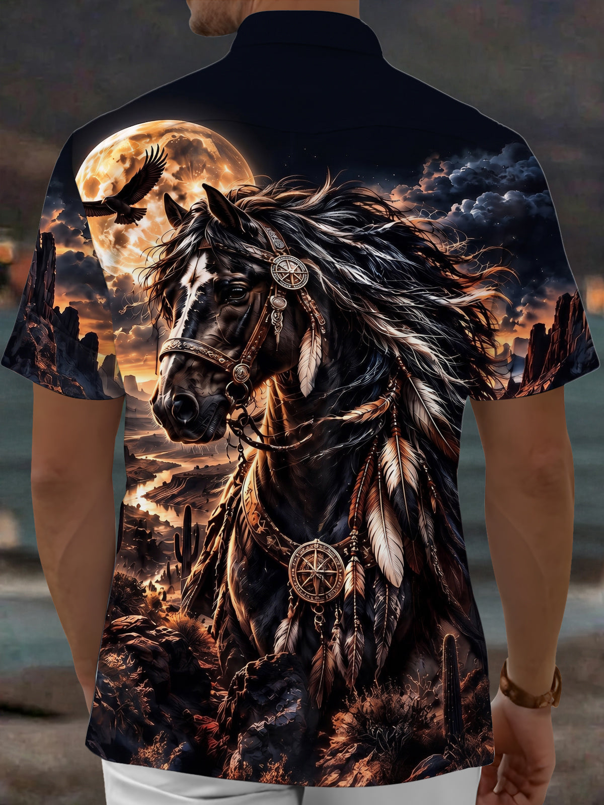 Adaychic Men's Printed Horse Portrait Print Short Sleeve Shirt
