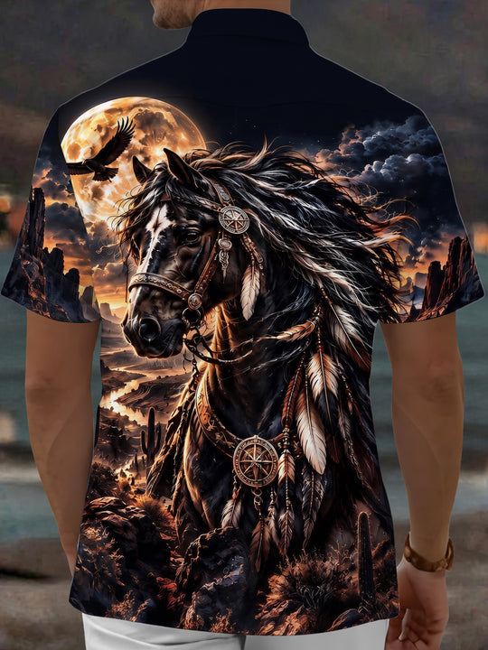 Adaychic Men's Printed Horse Portrait Print Short Sleeve Shirt with Chest Pocket