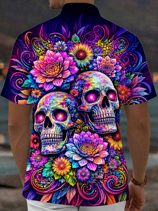 Skull Floral Men's Pocket Short Sleeve Shirts