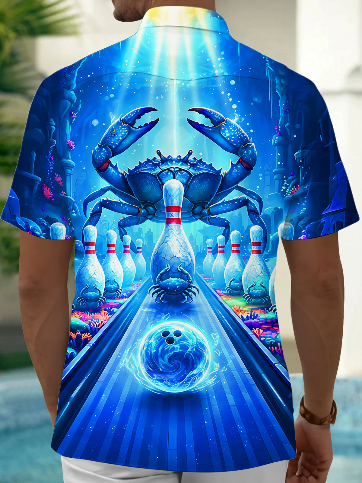 Adaychic Men's Graphic Deep Sea Crab Bowling Print Short Sleeve Shirt with Chest Pocket
