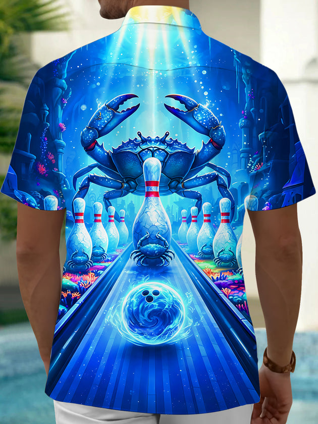 Adaychic Men's Graphic Deep Sea Crab Bowling Print Short Sleeve Shirt with Chest Pocket