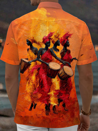 Adaychic Men's Graphic African Drum Players Print Short Sleeve Shirt with Chest Pocket