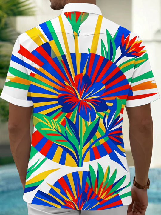 Adaychic Men's Short Sleeve Shirt - Tropical Hibiscus And Geometric Sunburst Print with Chest Pocket