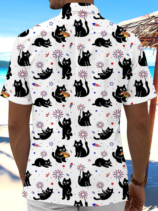 Independence Cat Hot Dog Firework Men's Pocket Short Sleeve Shirts