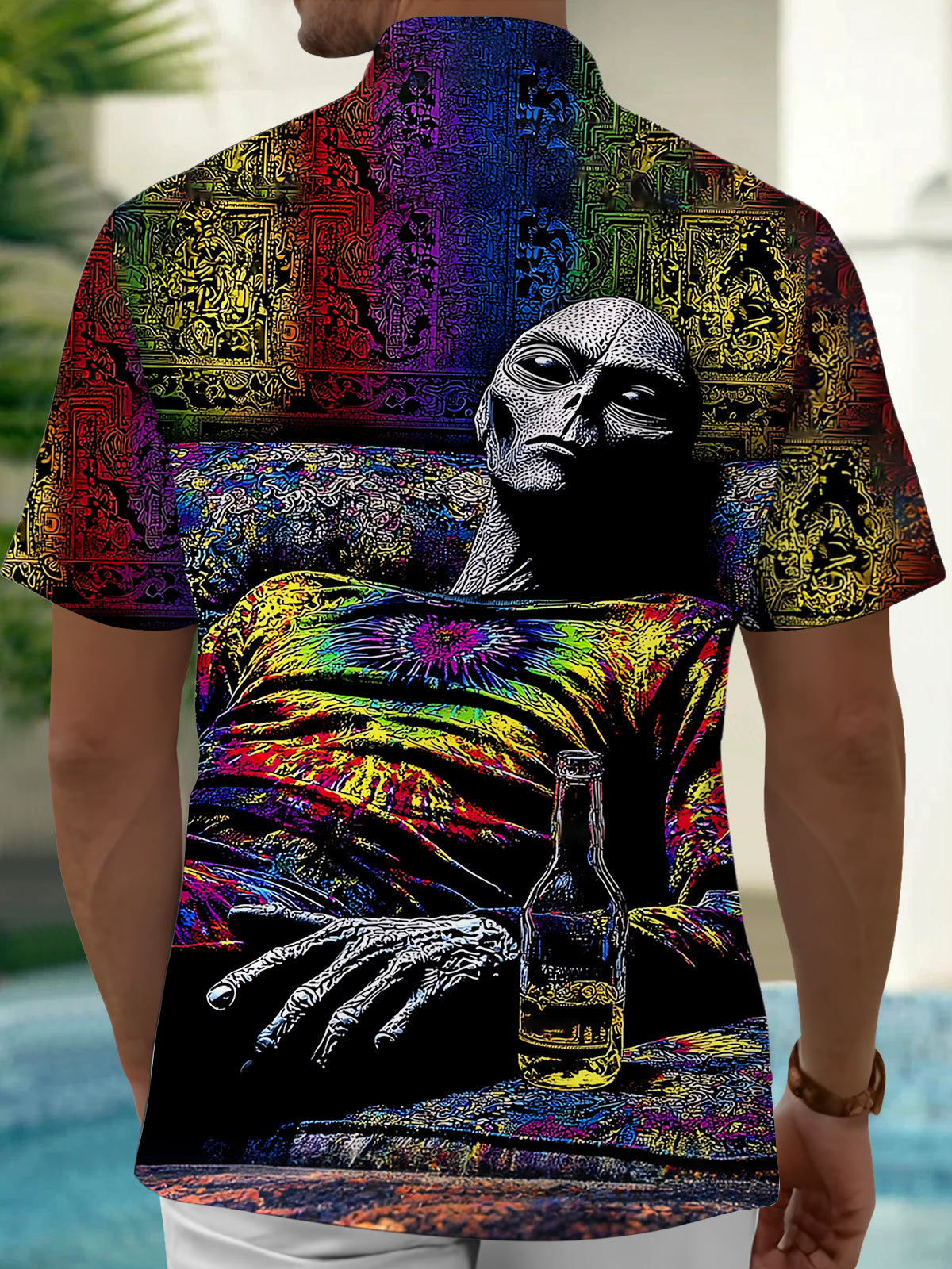 Adaychic Men's Graphic Alien Character Print Short Sleeve Shirt with Chest Pocket